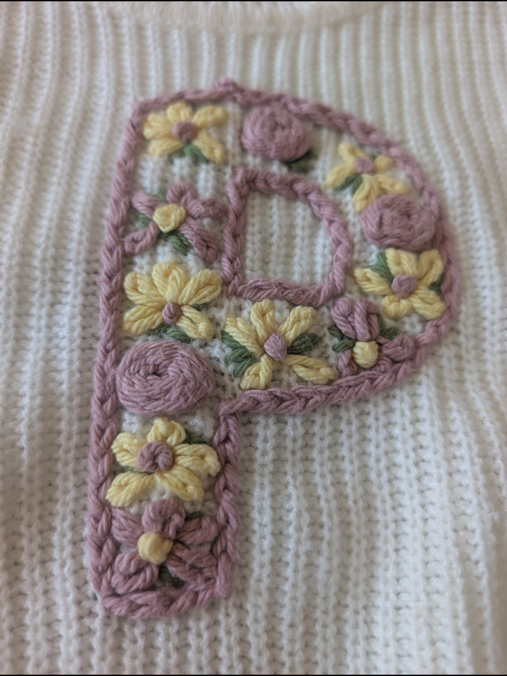 Cream Knit Sweater with Pink and Yellow Floral Patch Letter "P" - Picture 2 of 8